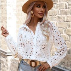 White Boho Eyelet Shirt, French Style Collar Button Front, Eyelet Embroidery Long Bishop Sleeve Regular Fit Non-Stretchy See Through, No Lining 100% Polyester Shop Our Boutique For Styles/Events: Romantic Date Night Bride Lingerie Winter Fall Summer Spring Boho Gypsy Hippie Beachy Birthday Gift Resort Bohemian Girly Trendy Minimalist Y2k Vintage Wedding Guest Engagement Party Bachelorette Vacation Cruise Travel Western Aesthetic Vibe Retro Christmas Thanksgiving Holiday Chic Casual Dressy Preppy Eyelet Shirt, Eyelet Embroidery, Lace Shirt, White Blouse, Embroidered Blouse, Free Clothes, Elegant Woman, Collar Shirts, White Shirt