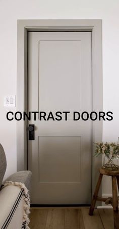 a white door with the words contrast doors in black overlaying an image of a chair and footstool