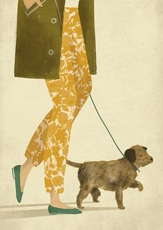 a woman walking her dog on a leash while wearing green coat and yellow floral pants