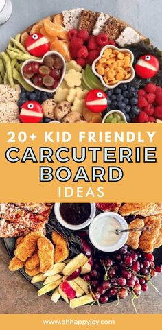 the words, 20 kid friendly carcutterie board ideas on top of a platter full of food