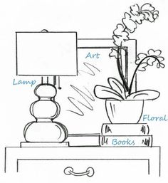 a drawing of a living room with flowers on the table and lamp next to it