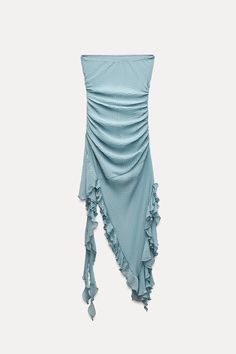 PLEATED RUFFLED DRESS Zara Blue Ruched Dress, Zara Blue Mini Dress With Ruffles, Zara Blue Dresses With Button Closure, Blue Zara Dress With Button Closure, Zara Blue V-neck Maxi Dress, Waistcoat Dress, Cardigan Sweater Jacket, Tshirt Skirt, Knitwear Cardigan