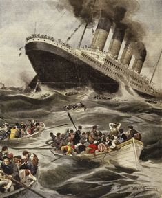 an image of a sinking ship in the ocean with many people on small boats nearby