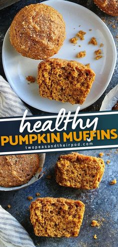 healthy pumpkin muffins on a white plate with the title above it and below