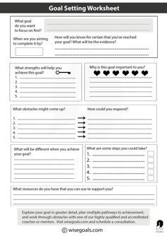 the goal setting worksheet is shown in black and white, with an arrow pointing to