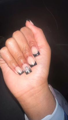 black French tip nails , with cross charm 💖 cute shortnails Black french nails, French tip Nails With Cross Charm, Nails With Cross, Sqaure Nails, Black French Tip Nails, Nails With Fire, Nails Acrylic Pink, White And Green Nails, Black French Nails