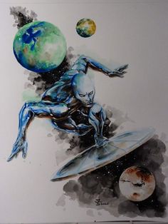 a painting of a man on a surfboard with planets in the background