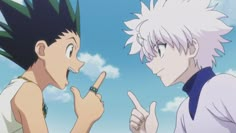 two anime characters pointing at each other