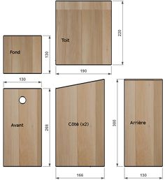 four pieces of wood are shown with measurements for the top, bottom and bottom panels