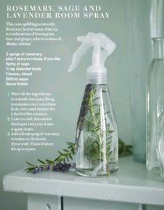 an advertisement for rosemary sage and lavender room spray on a white shelf next to a glass vase