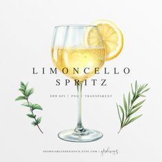 a glass of wine with lemons and rosemary on the side, in front of an advertisement for limoonocello spritz