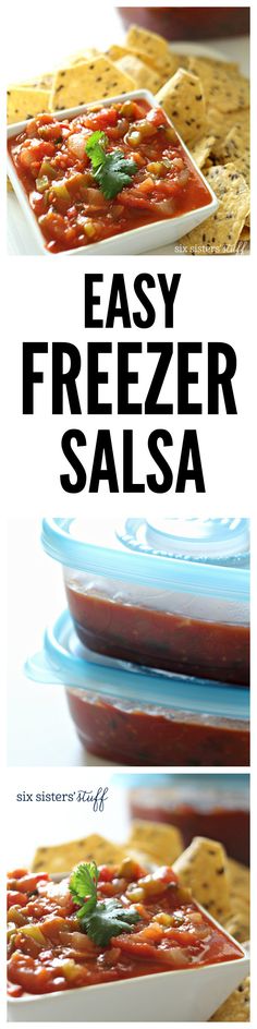 easy freezer salsa recipe with tortilla chips in the background and text overlay that says easy freezer salsa