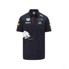 the red bull racing team shirt is shown in black with white and yellow logos on it