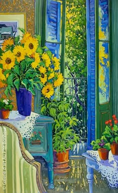 a painting of sunflowers and other flowers in front of a window with blue shutters