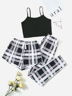 Black and White Casual  Sleeveless Polyester Plaid Pant Sets,Short Sets Embellished Medium Stretch  Women Sleep & Lounge Crop Top And Pajama Pants, Cute Crop Top Pajamas, Summer Sleepwear For Sleepovers, Short Style, Sleepover Pjs, Cute Pj Outfits, Black And White Plaid Pants Pj, Pretty Pajamas, Plaid Shorts Pj, Sleeping Outfits