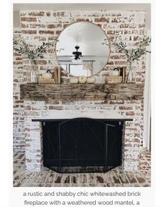 a fireplace with a mirror above it and some pumpkins sitting on top of the mantle