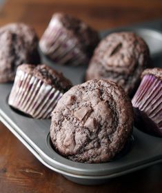 chocolate muffins are on a tray ready to be eaten