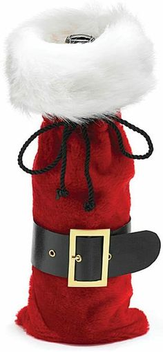 a santa claus costume is attached to a skateboard with a white fur hat and black belt