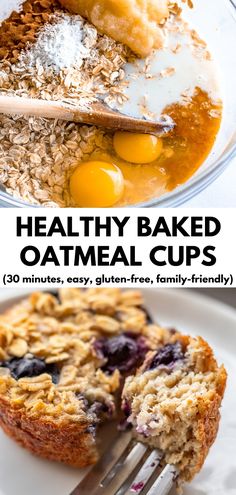 healthy baked oatmeal cups on a plate with a fork