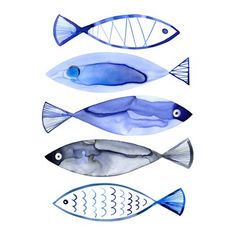 three blue fish are shown in this watercolor painting