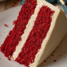 a slice of red velvet cake on a plate