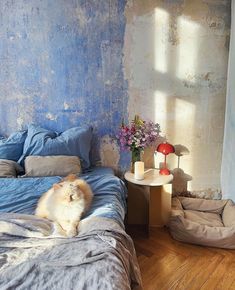 a cat sitting on top of a bed in a room with blue walls and wooden floors