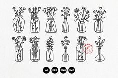 six different vases with flowers in them are drawn on a piece of white paper