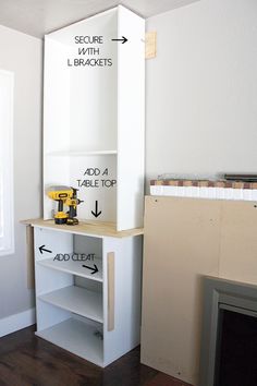 a room that has some shelves with tools on it and instructions for how to use them