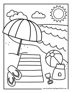 a coloring page with an umbrella and beach scene