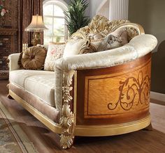 Quintina Cedar Red Loveseat  / HD-821 - Ornate Home Red Loveseat, Traditional Loveseat, Classic European Style, Gold Highlight, Gold Ornament, Formal Dining Tables, Ornate Furniture, Dining Sets Modern, Leather Loveseat