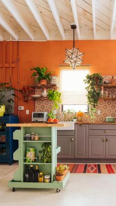 a kitchen with orange walls and lots of potted plants on the counter top next to a blue refrigerator