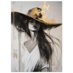 a painting of a woman wearing a large hat with dripping paint on the wall behind her