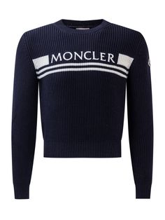 Blue long-sleeved sweater. Crew neck. Ribbed collar, cuffs and hem. Moncler logo embroidered on the front. Logo patch on the sleeve.Composition: Outside:, 100% Cotton Moncler Sweater, Moncler Logo, Luxury Sportswear, Sleeved Sweater, Quilt Jacket, Active Outfits, Kenzo Kids, Red Logo, Sportswear Brand