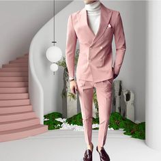 WIAOFELLAS Pink Fashion Sunshine Men Suits Double Breasted 2 Pieces (Jacket+Pants) Peaked Collar Slim Fit Set for Wedding Party Tuxedos Note: Dear,if you find that the above standard suits size do not fit you very much, you just measure your body according to the following Measuring Guide,and then show us the body size. We can custom made the suits for you as well.And the price is same! Size Unit: centimeters or inch 1. neckline=? 2.shoulder=? 3.sleeve=? 4.armhole=? 5. wrist= ? 6.chest= ? 7.bell Spring Wedding Suits With Long Sleeves, Spring Wedding Long Sleeve Suits, Slim Fit Wedding Suits For Spring, Spring Wedding Slim Fit Suit, Elegant Slim Fit Long Sleeve Sets, Tailored Long Sleeve Sets For Groom, Elegant Long-sleeved Slim Fit Sets, Formal Fitted Pink Sets, Elegant Long Sleeve Slim Fit Set