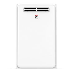 a white tank type water heater on a white background with the letter e in red