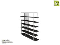 a book shelf with black shelves and metal bars on the bottom, against a white background