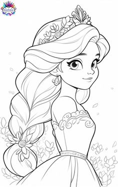 the princess from disney's tangled tale coloring page with flowers and leaves on it