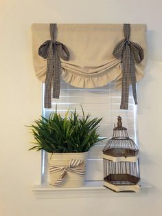 a birdcage and potted plant on a window sill