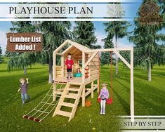 a wooden play house with stairs and ladders for children to climb up the roof