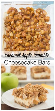 caramel apple crumble cheesecake bars on a plate with apples in the background