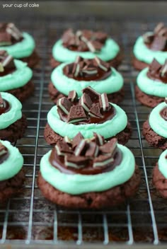 chocolate cookies with green frosting and candies on a cooling rack