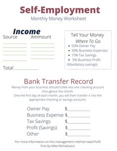 an info sheet with the words self - employment and money worksheet on it