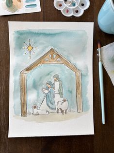 a watercolor painting of a nativity scene with sheep