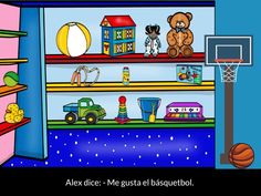 an animated image of a child's room with toys and sports equipment on the shelves