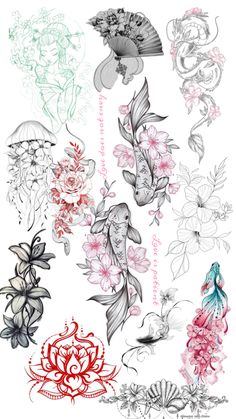 an assortment of flowers and fish on a white background with chinese writing in the bottom right corner