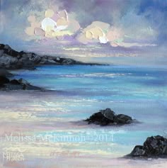 an oil painting of the ocean with rocks and sky in the background, on canvas