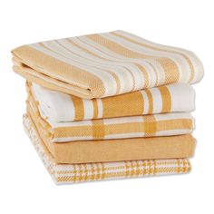 four towels stacked on top of each other in yellow and white striped patterns, with one folded