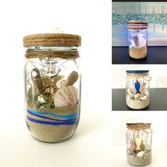 there are four pictures of different jars with sand and sea shells in them, one is filled with seashells