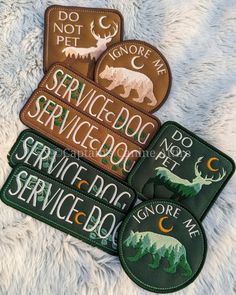 three patches with the words service dog, service dog and don't pet me on them