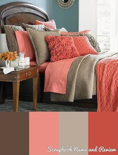 a bedroom with blue walls and orange bedding in the center, along with a wooden headboard